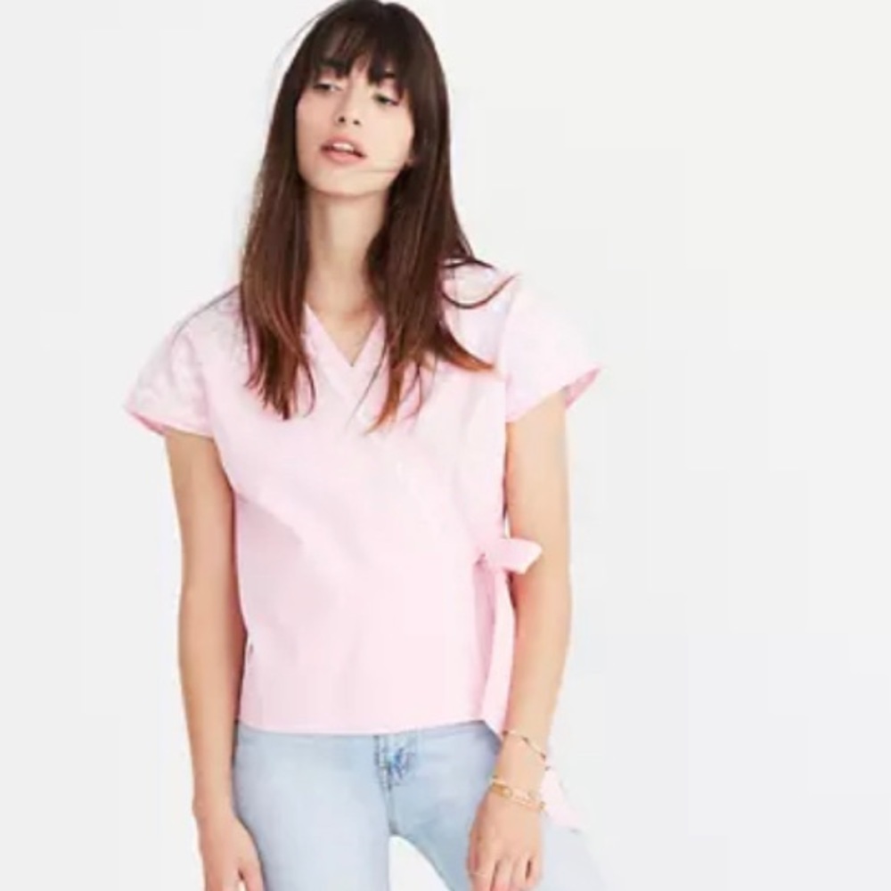 Madewell Pink embroidered side-tie wrap top large - Picture 4 of 10